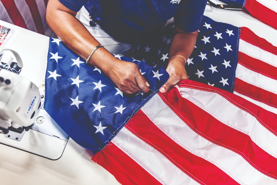 Each Allegiance flag goes beyond the red, white and blue appearance. The journey starts with 200 denier nylon fabric from Hickory, N.C., then shipped to Upstate New York to be dyed and treated. The fabric is chosen because of its durable, yet flexible material. (Photo/Allegiance Flag Supply)